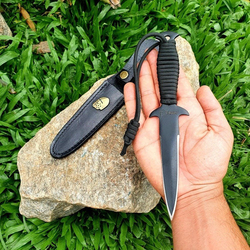 Punhal Tático Militar Elmo Black Todo Preto Cabo Em Paracord