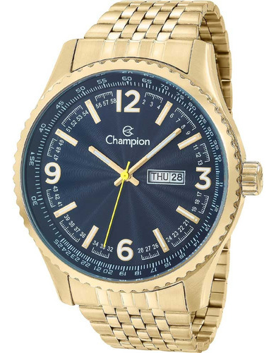 Relógio Masculino Dourado Champion Ouro Aço Azul Prova Dágua CA31604A