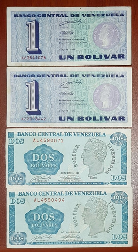 Billetes De Uno Y Dos Bolívares. Año 1989. Tinoquitos. 