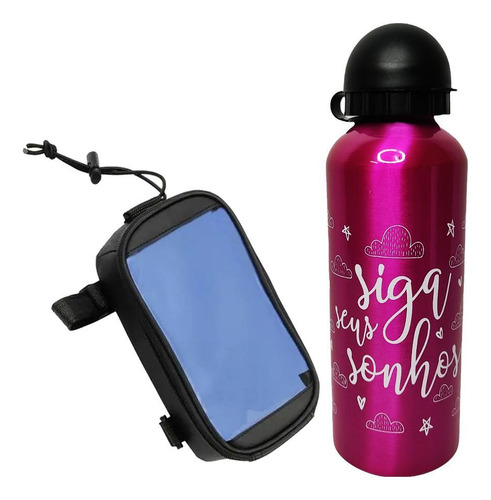 Kit Garrafa Squeeze 500ml Sonhos Rosa + Porta Celular