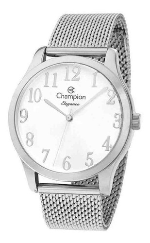 Relógio de pulso Champion Elegance CN26019 com corpo prata,  analógico, para feminino, fundo  branco, com correia de aço inoxidável cor prata, agulhas cor prata, subdials de cor prata, bisel cor prata e fivela de gancho