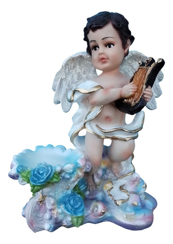 Angel Querubín Con Arpa Dulcero Figura Resina Centro Mesa Color Multicolor