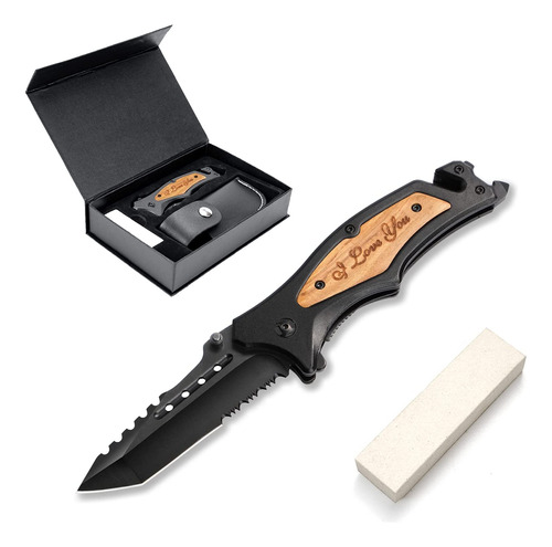 Cuchillo Plegable 6 En 1 Con Rompevidrio, Mango De Madera