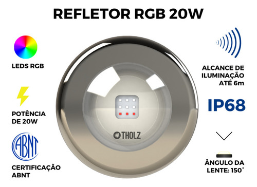 Refletor Led 20w Rgb Tholz Inox Premium Piscina Com Cabo 10m