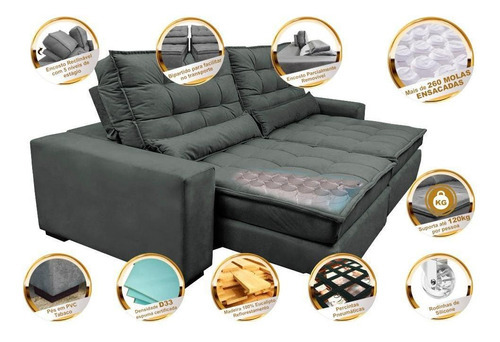 Sofá Retrátil e Reclinável com Molas Ensacadas Cama inBox Gold 2,52m Tecido Suede Velusoft Cinza