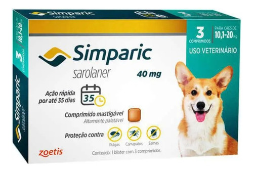 Simparic Cães 10 a 20 kg caixa com 3 comprimidos