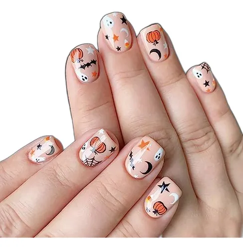 Uñas Postizas De Halloween Con Diseño De Calabaza Y Luna, 24