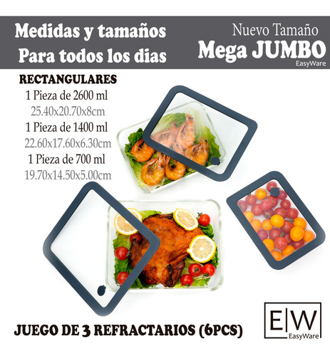 Juego 3 Refractarios Recipientes Con Tapa De Vidrio Easyware