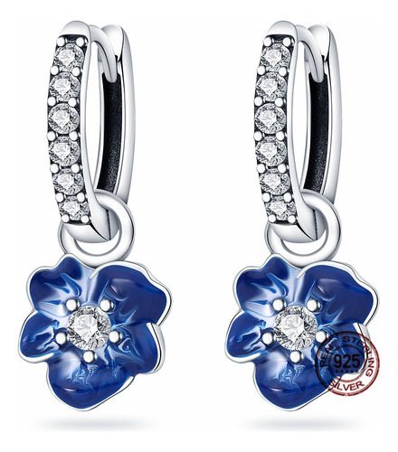 Pendientes De Plata S925 Forma De Aro, Flor Azul De Aretes