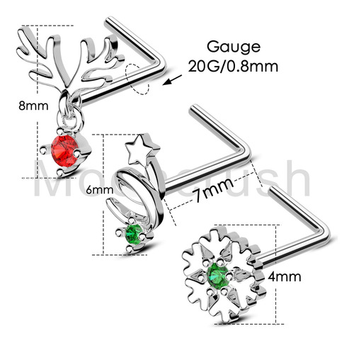 3pcs Chiristmas Nariz Anillos Stud 20g L En Forma De ...