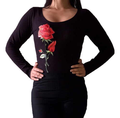 Blusa Body Escote Aplique Parche Flores Bordado Floral Moda