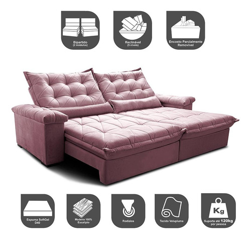 Sofá Retrátil 2,55m Cama Inbox Big Fresh. Com Softgel d40 Cor Rose