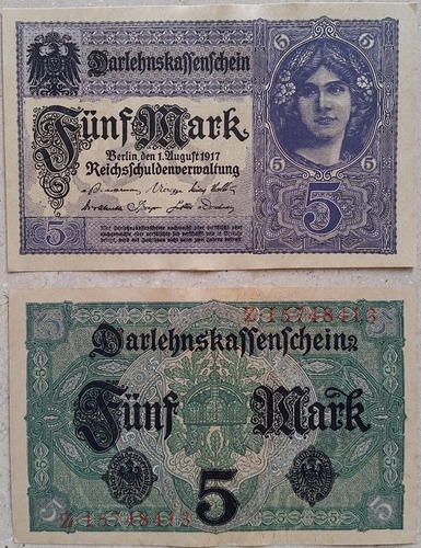 Alemania 5 Marcos 1917 Imperio Aleman Billete Autentico