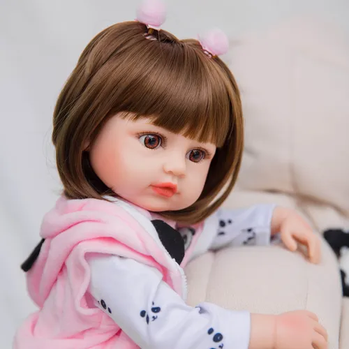 Boneca Bebê Reborn Silicone Menina Olhos Castanhos 48cm Com