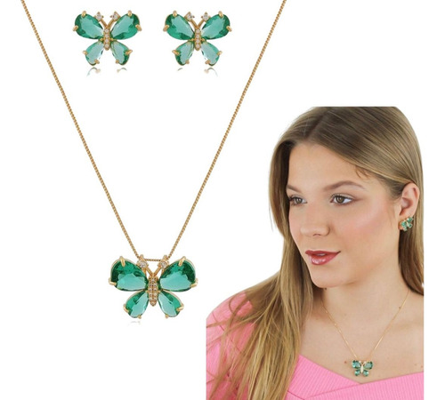 Conjunto Colar E Brinco Borboleta Cristal Verde Zircônias