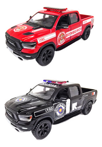Kit 2 Miniatura Polícia Militar E Bombeiros - Dodge Ram 1/46 Cor Preto