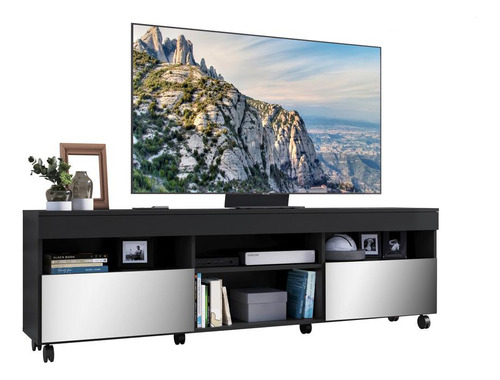 Rack Tv 65  C/ Rodízios  E 2 Portas Paris Multimóveis V3330 Cor Preto