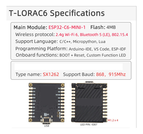 Módulo Lora Principal M7t-lorac6 Esp32-c6 Sx1262 868 Mhz Lor