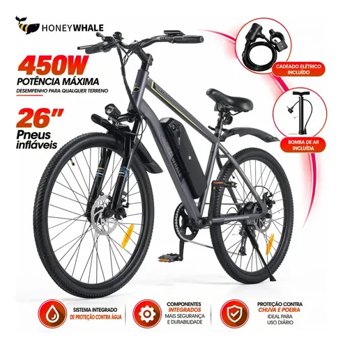 Honeywhale S8 Bicicleta Elétrica Para Adultos, 450w Motor, 50km Autonomia, 35km/h Velocidade Máxima, 26 Aro, Bateria Removível De 15ah, 7 Velocidades Ebike De M