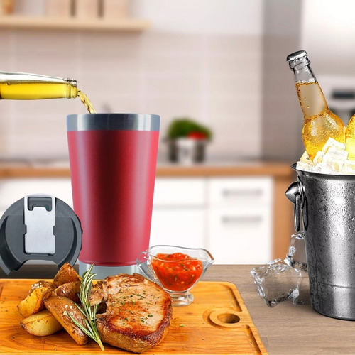 Vaso térmico para cerveza, café y té, 473 ml, con tapa roja, vaso térmico de 473 ml con tapa y abridor para cerveza