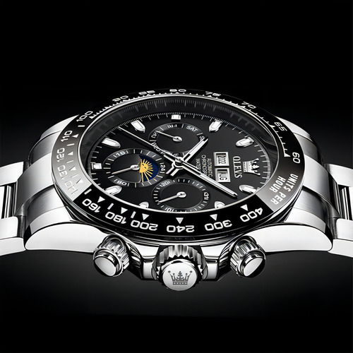 Reloj Automático Olevs 6654 Moon Phase Chronograph Color del fondo Negro
