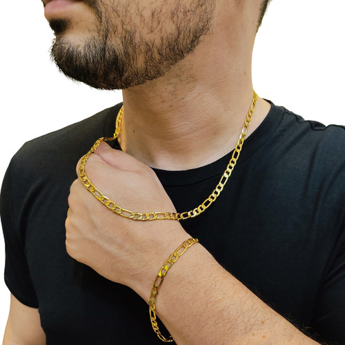 Corrente Cordão 7mm Em Tungstênio Não Descasca + Pulseira Cor Dourado