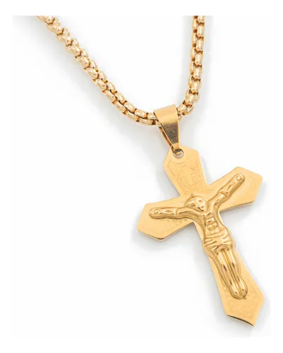 comprar Collar Cadena Cruz Y Cristo Acero Dorado 55cm Unisex Joyas