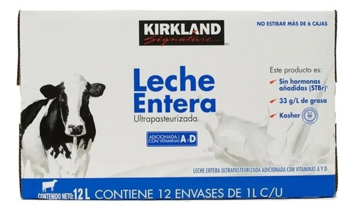 Caja Leche Entera, Kirkland Signature 12 Piezas De 1l