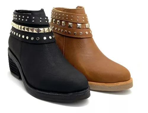 Botas Mujer Botinetas Cuero Texanas Bajo Tachas