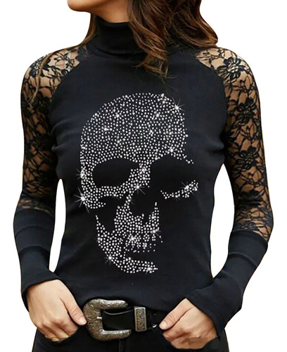 Blusa Sexy De Encaje Con Cuello Alto Y Pedrería De Manga Lar