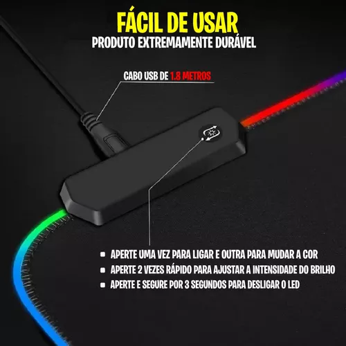 Mouse Pad Gamer Jogo Borda Led Rgb Grande 80x30cm Dragão - Shop Borges