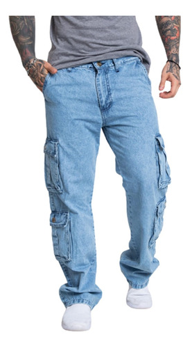 Pantalon Wide Leg Doble Cargo Hombre Jean Rigido Premium