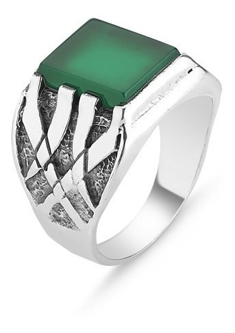 Fino Anillo De Plata .925 Para Hombre Ágata Verde Cuadrado