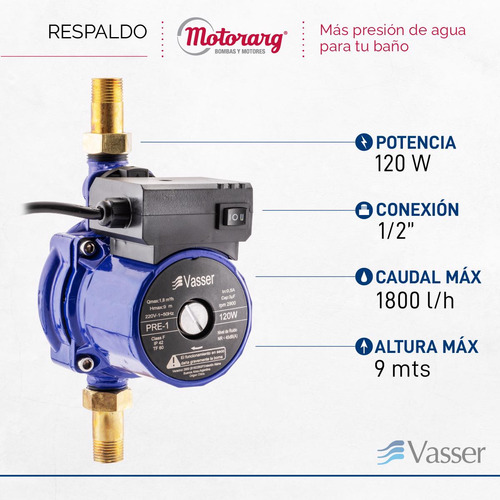 Imagen 3 de 12 de Bomba Presurizadora Vasser Pre1 9mts 1-2 Baños Calefon 120 W