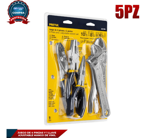 Juego De 4 Pinzas Y 1 Llave Ajustable Mango De Vinil 22971