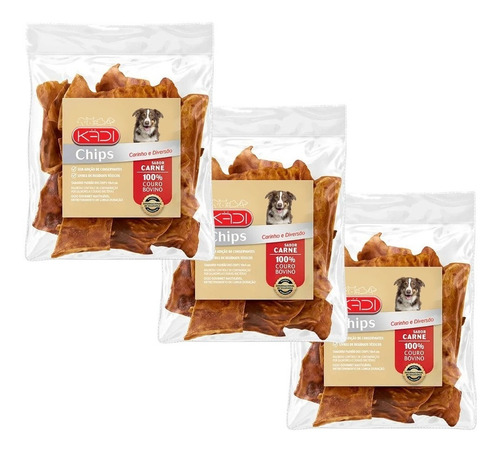 3 Petisco Cães Osso Chips Carne 220g Couro Bovino