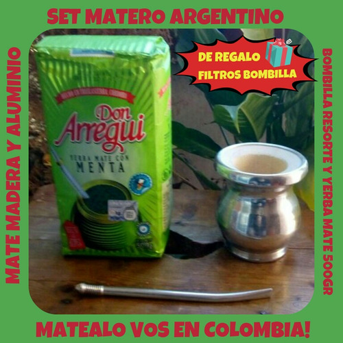 Set Matero Argentino!mate Aluminio-madera+bombilla+yerba500g