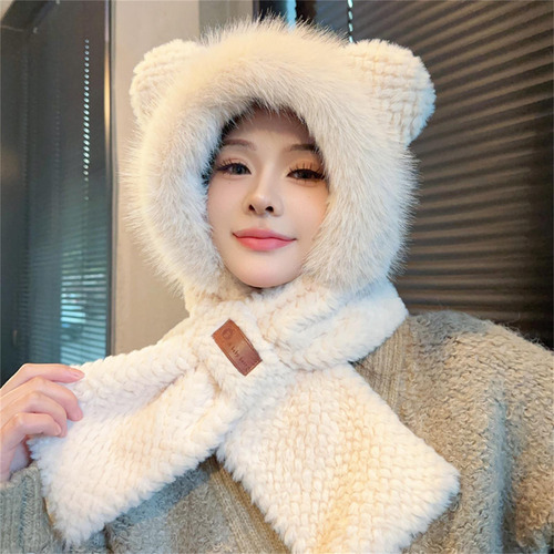 Bufanda Con Capucha De Felpa Con Orejas, Conjunto De Gorro Y