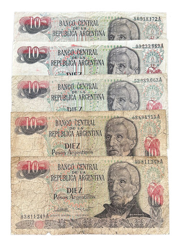 5 Cédulas Usadas Do Anos 1970/1980 Da Argentina De 10 Pesos (Usado)