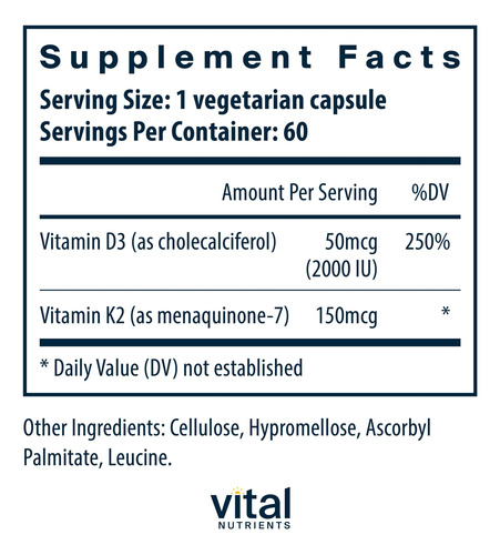 Nutrientes Vitales Vitamina D3 + K2 | 2000 Ui | Vitamina D3