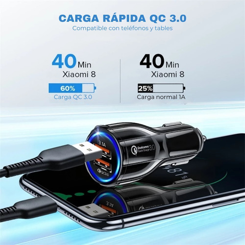 Cargador 12v Para Coche 2 Puertos Usb Qc 3.0 Con Cable Usb C