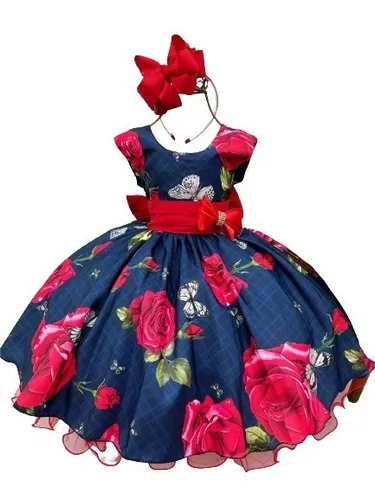 Vestido Infantil Branco e Vermelho Floral Luxo Princesa Dama