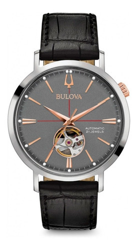 Reloj automático Bulova 98a187 para hombre, color de la correa: negro, color del bisel, color plateado, color de fondo gris