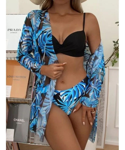 Beach Cover-up Set Mujer Kimono + Bikini Floreado