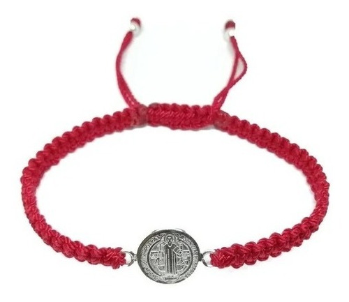 Pulsera San Benito Plata Ley 925 Tejido Macrame Hilo Rojo