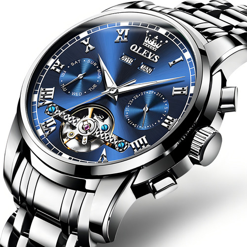 Reloj automático Olevs para hombre, correa de acero inoxidable a prueba de agua, bisel plateado, color de fondo plateado, color azul