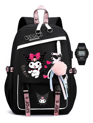 Kuromi Peripheral Student Shoe Lace Mochila Lona + Reloj