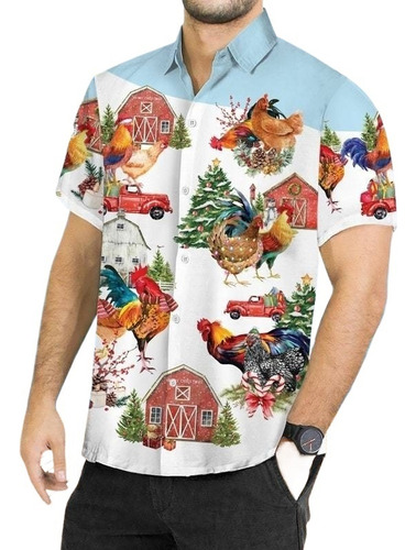 Camisa Hawaiana Unisex Con Diseño Pollo Navideño, Camisa