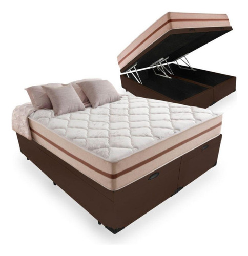 Cama Box Baú King Sintético Preto + Colchão Pillow Angel Cor Marrom