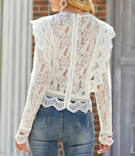Blusa Elegante De Encaje De Manga Larga Para Mujer